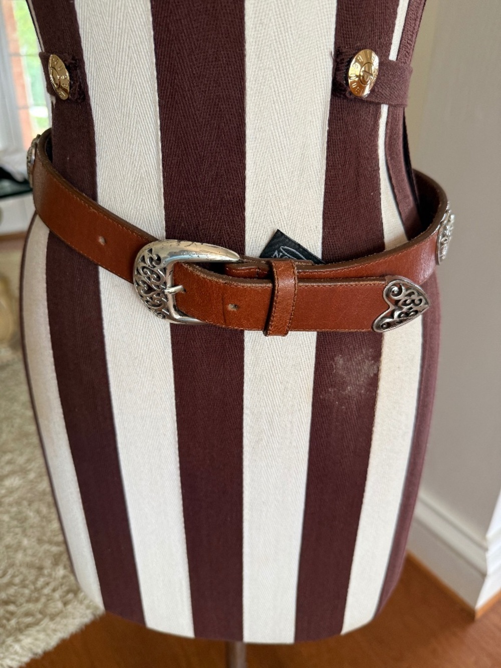 Brighton Belt Silver Heart Accents Brown Leather 34" Western Boho